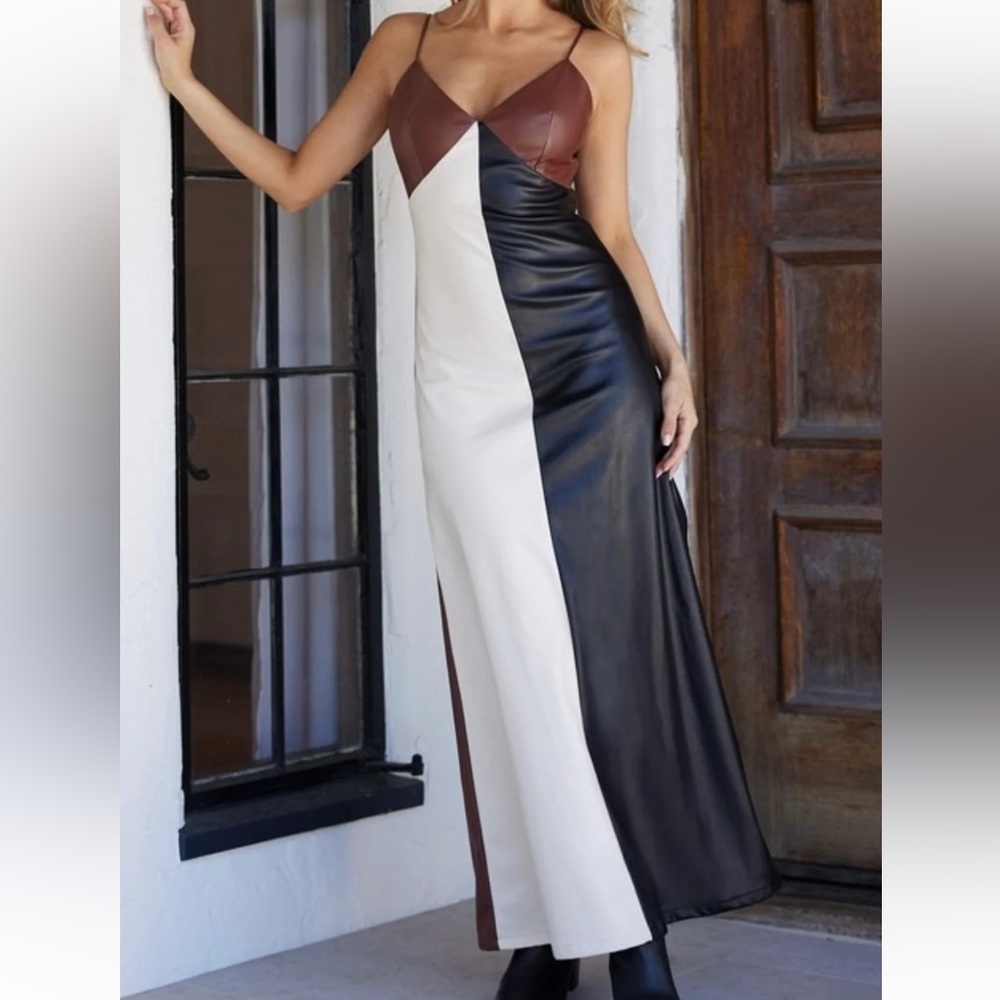 Unique Sexy Black, Brown and Cream Colorblock Maxi Pleather Dress
